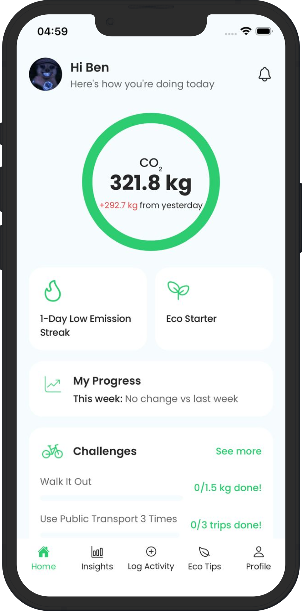Green Earth Footprint App showing carbon impact dashboard